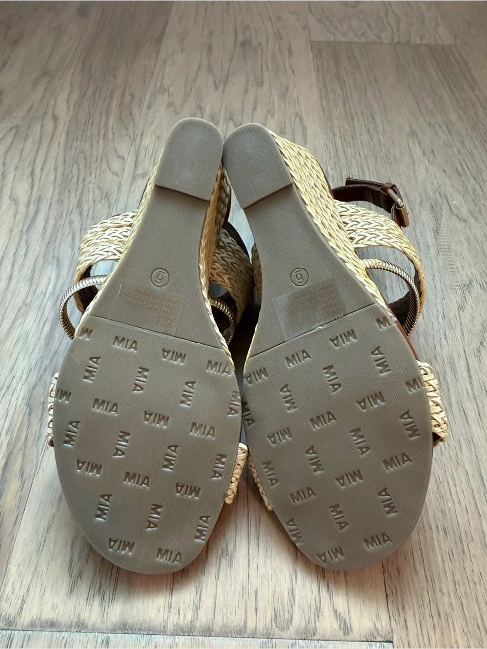 MIA Natural Straw Wedge Sandals with Brown Leather Straps